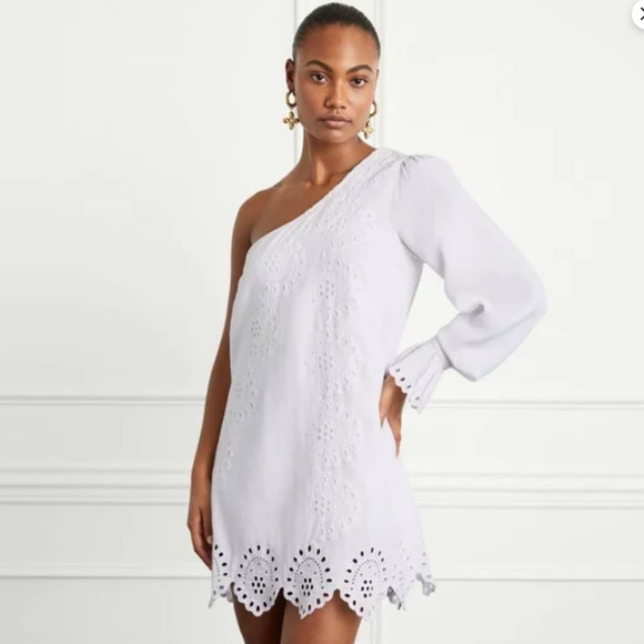Hill House Mila Dress White Linen One Shoulder Eyelet Long Sleeve Sz M - Picture 1 of 11
